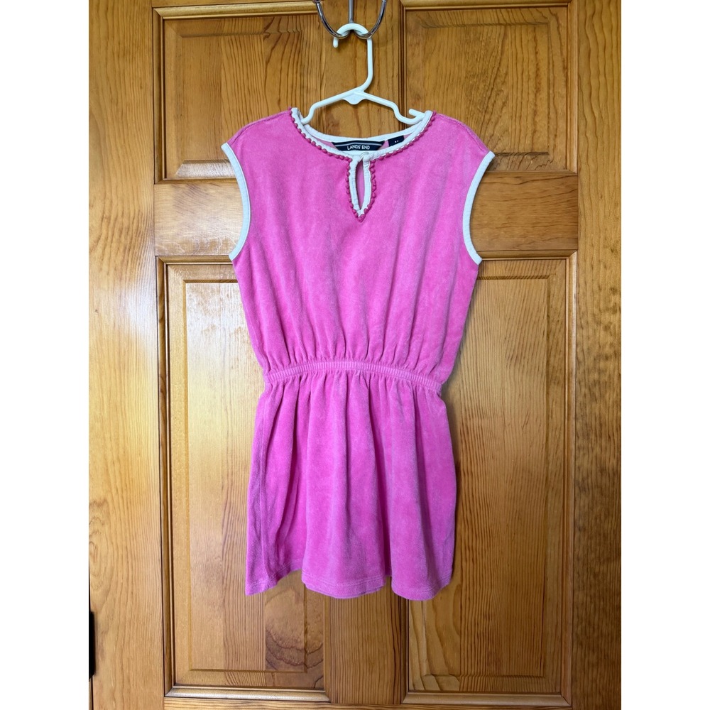 Lands End Girls Pink Terry Cloth Swim Cover Up Dress Pom Pom Trim Size M 5-6